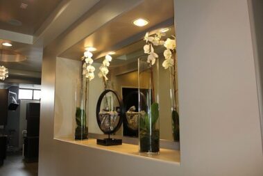 Counter where plants are placed in a dentist office.