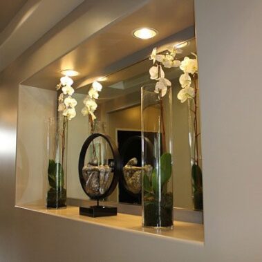 Counter where plants are placed in a dentist office.