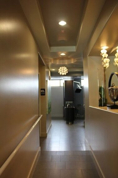 New flooring and painted ceiling in a dentist office.