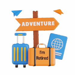 3D icon of travel concept of retirement with suitcases and an arrow saying, "Adventure".